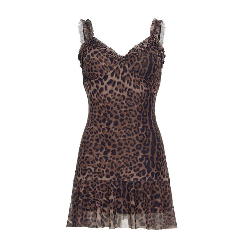 Leopard print sleeveless slim-fit V-neck dress