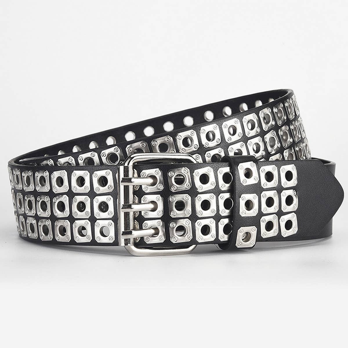 SQUARE BEAD RIVET TRIPLE ROW EYELET PUNK BELT_CWABE0584