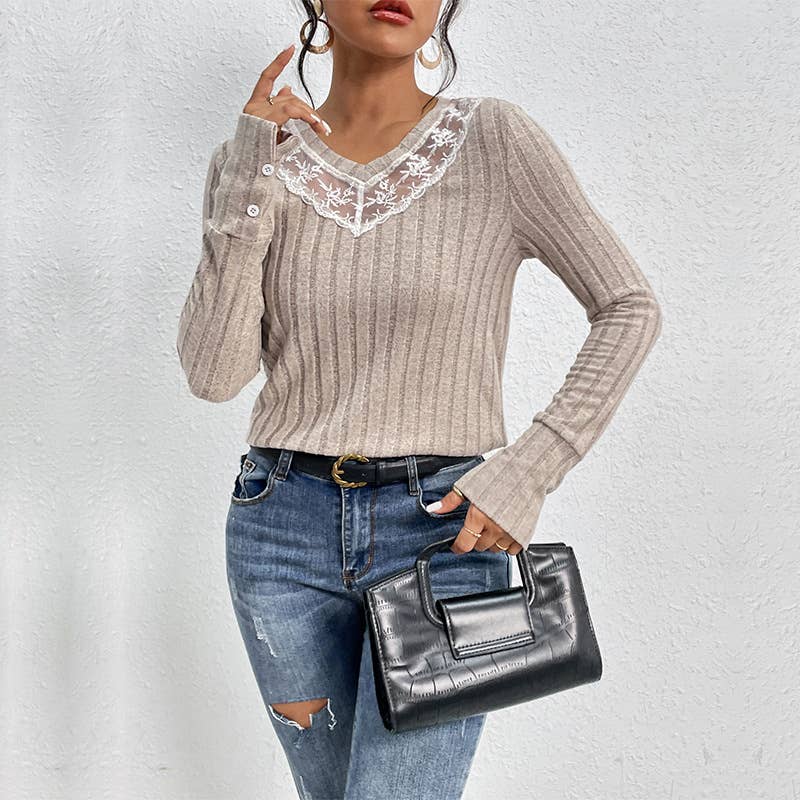 Lace patchwork V-neck striped T-shirt