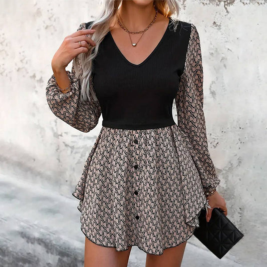 Patchwork puffed sleeves deep V irregular dress