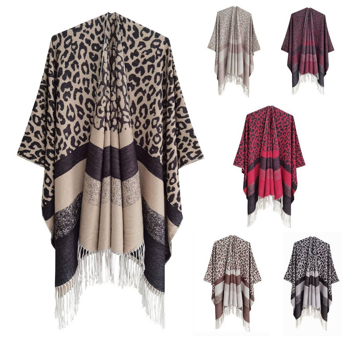 LEOPARD PRINT STRIPED TASSEL WARM SPLIT SHAWL