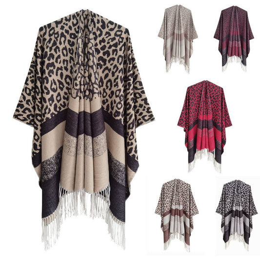 LEOPARD PRINT STRIPED TASSEL WARM SPLIT SHAWL