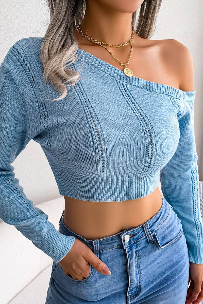 WOMEN EYELET ONE OFF SHOULDER SEXY CROP KNIT TOP_CWOSWL0445