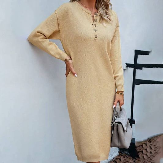 WOMENS CASUAL ROUND NECK BUTTON UP SWEATER DRESS_CWDMD0708