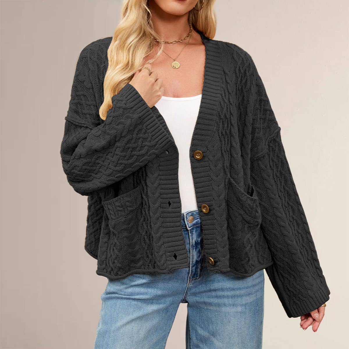 Twist loose pure color single-breasted cardigan