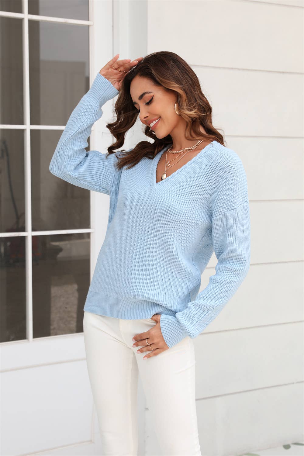 V-NECK TWIST SLIM SOLID COLOR SWEATER PULLOVER