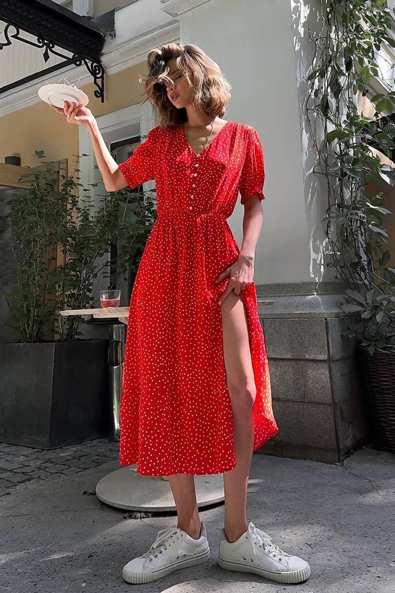 CWDMD5265_V-NECK POLKA DOT WAIST SLIM MIDI SPLIT DRESS