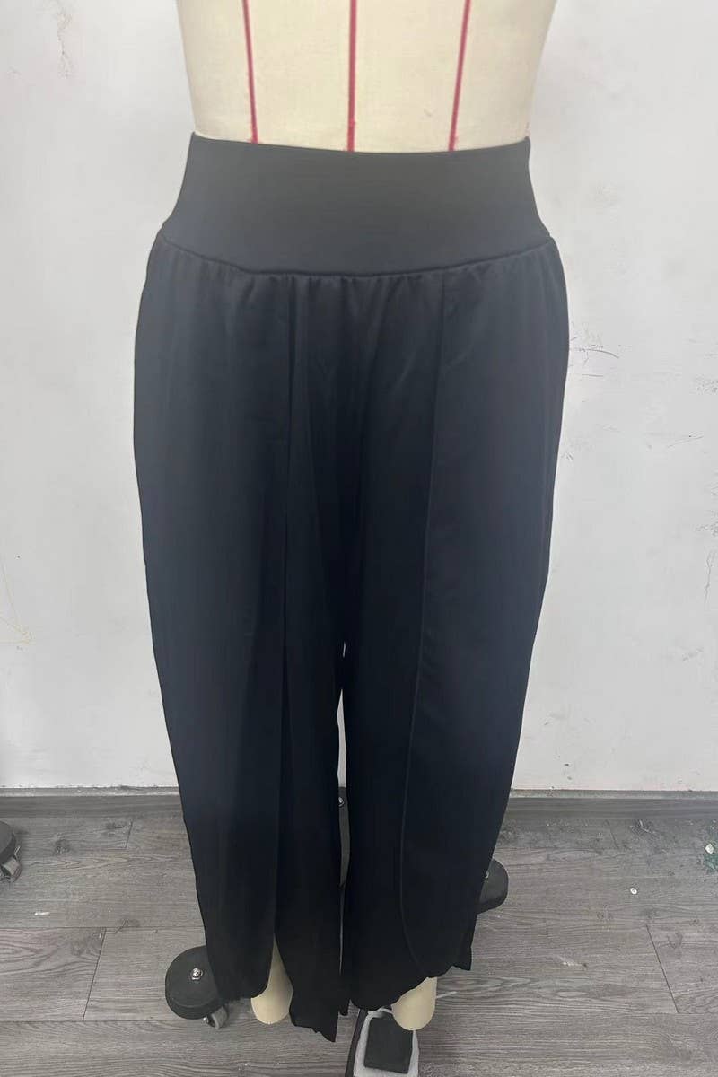 CWBLP1490_SOLID COLOR LOOSE HIGH WAIST HIGH SLIT TROUSERS