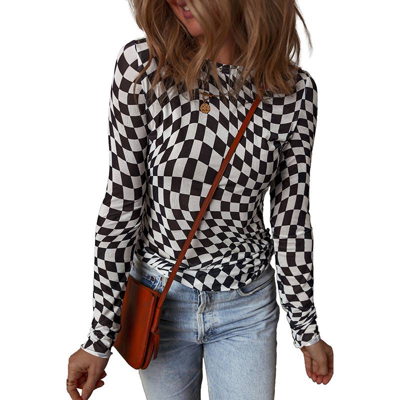 Round-neck abstract print long-sleeved T-shirt