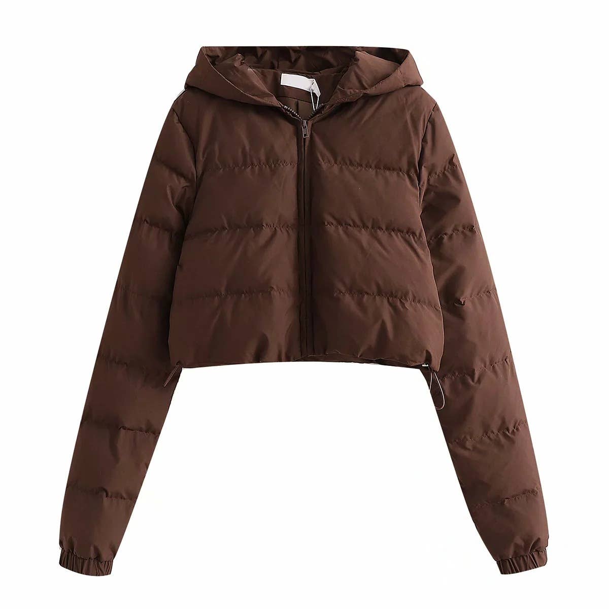Short solid-color hooded hand-stuffed jacket