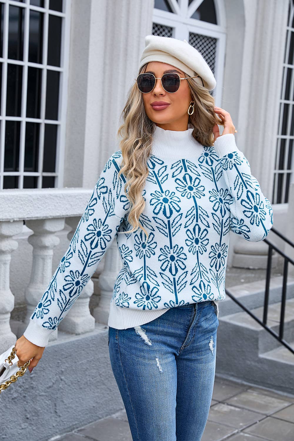 TURTLENECK FLOWER PULLOVER SWEATER KNITTED LOOSE