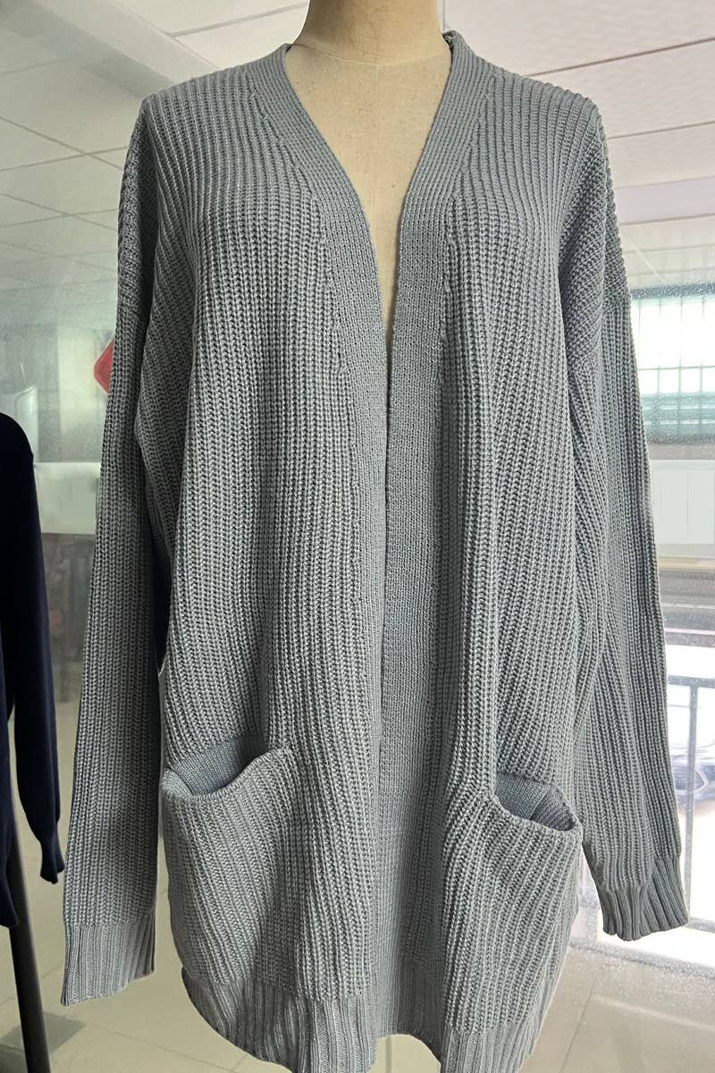 SOLID COLOR LONG KNIT WOMEN POCKET CARDIGAN COAT