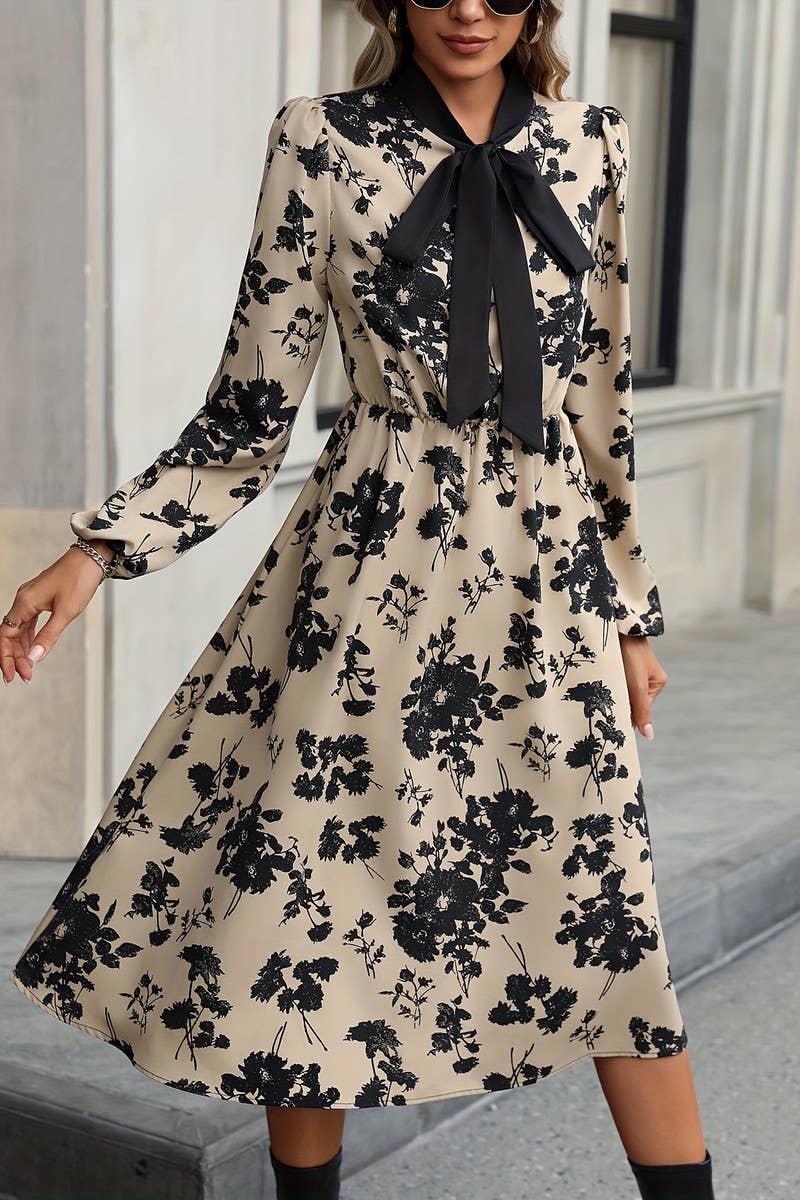 CWDMD5358_FLORAL LONG SLEEVE TIE NECK A-LINE MIDI DRESS