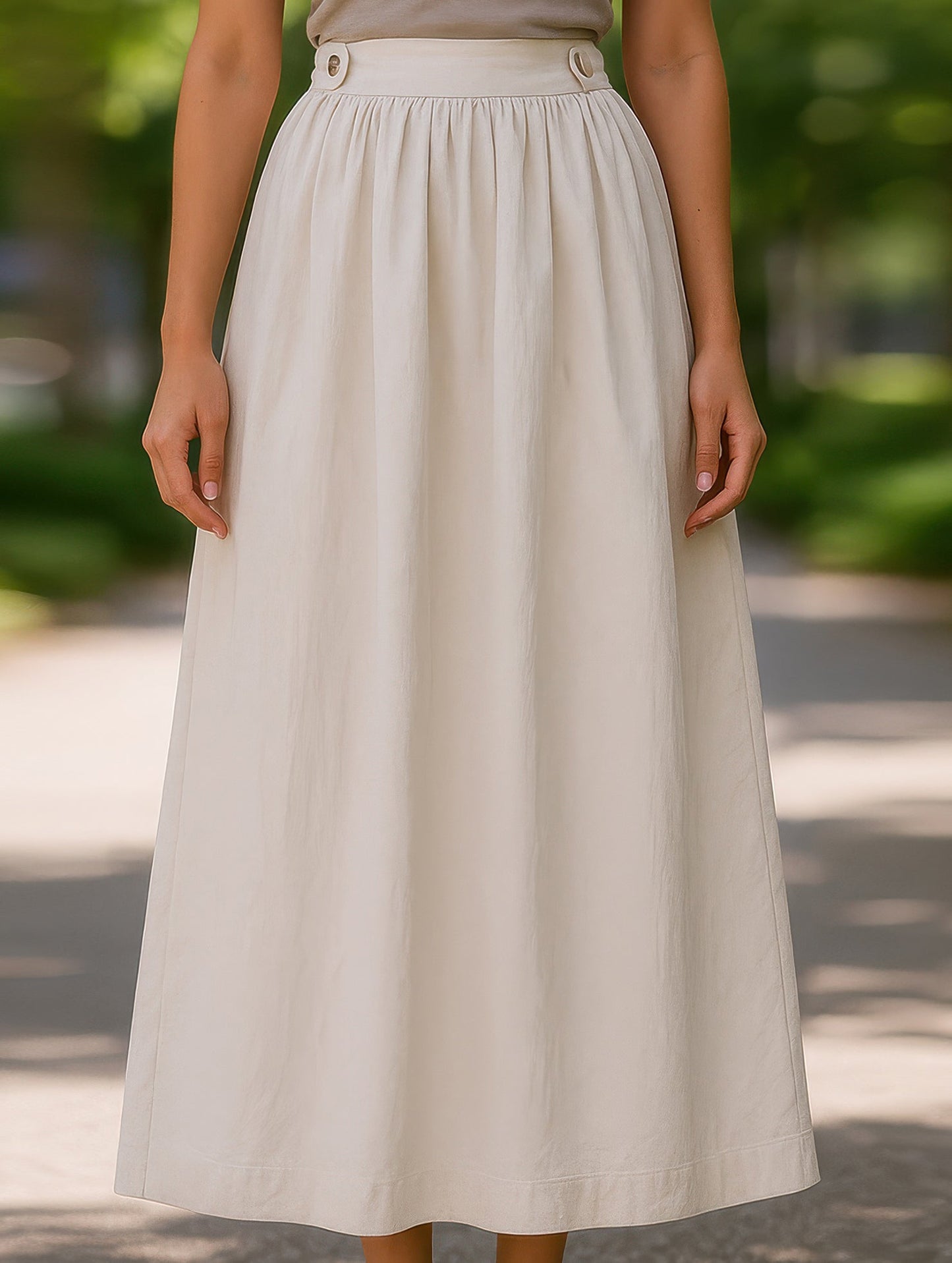 Solid Color Waist Drop Slimming Hemline Skirt ??Elegant Cotton Linen Midi Skirt