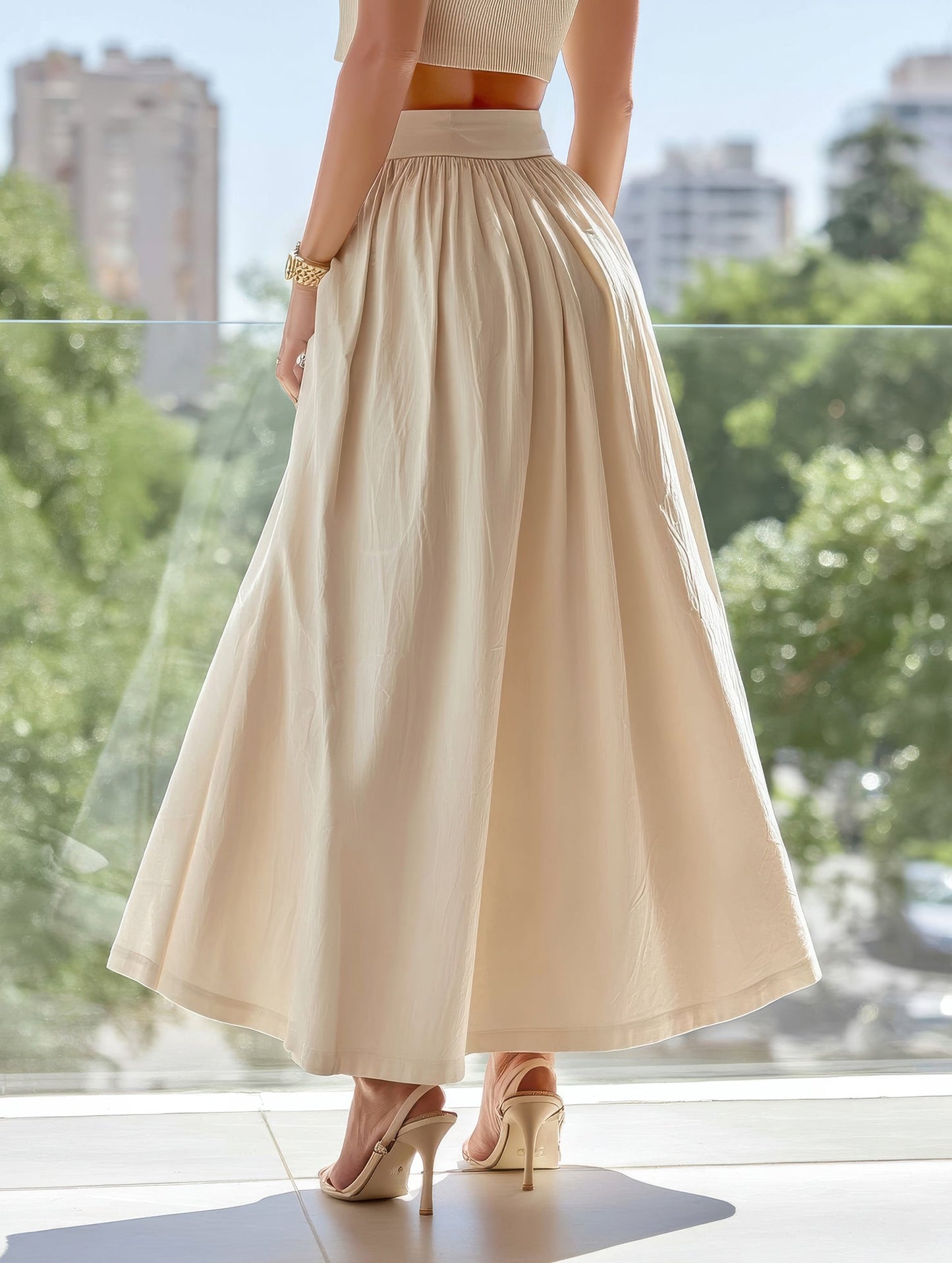 Solid Color Waist Drop Slimming Hemline Skirt ??Elegant Cotton Linen Midi Skirt
