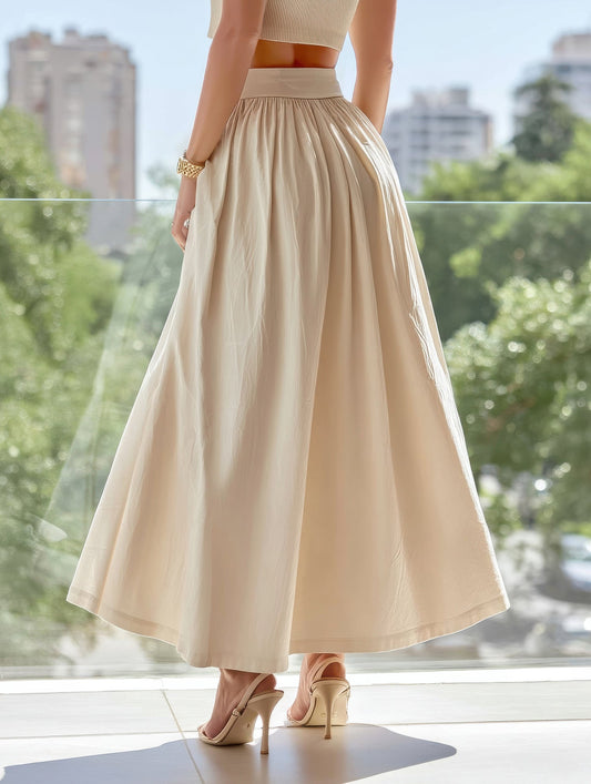 Solid Color Waist Drop Slimming Hemline Skirt ??Elegant Cotton Linen Midi Skirt