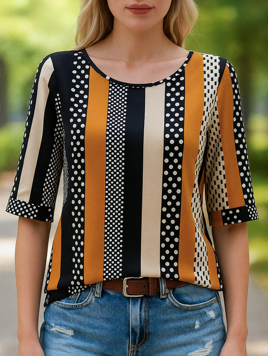 Striped Polka-Dot Crew Neck Mid-Sleeve Top ??Trendy Printed Women??¢s Shirt