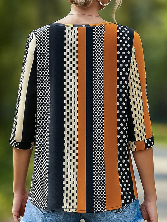 Striped Polka-Dot Crew Neck Mid-Sleeve Top ??Trendy Printed Women??¢s Shirt