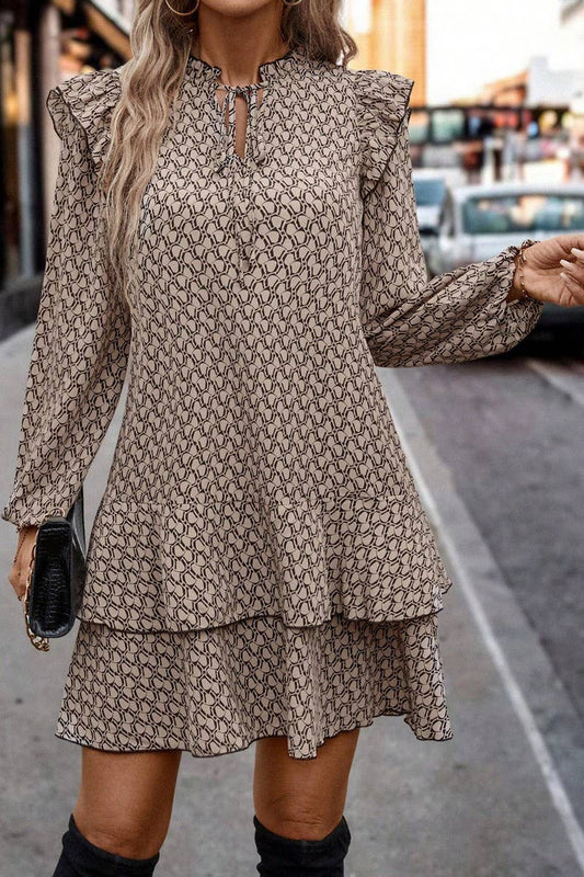 CWDSD8220_V-NECK TIE GEOMETRIC PRINT LONG SLEEVE DRESS