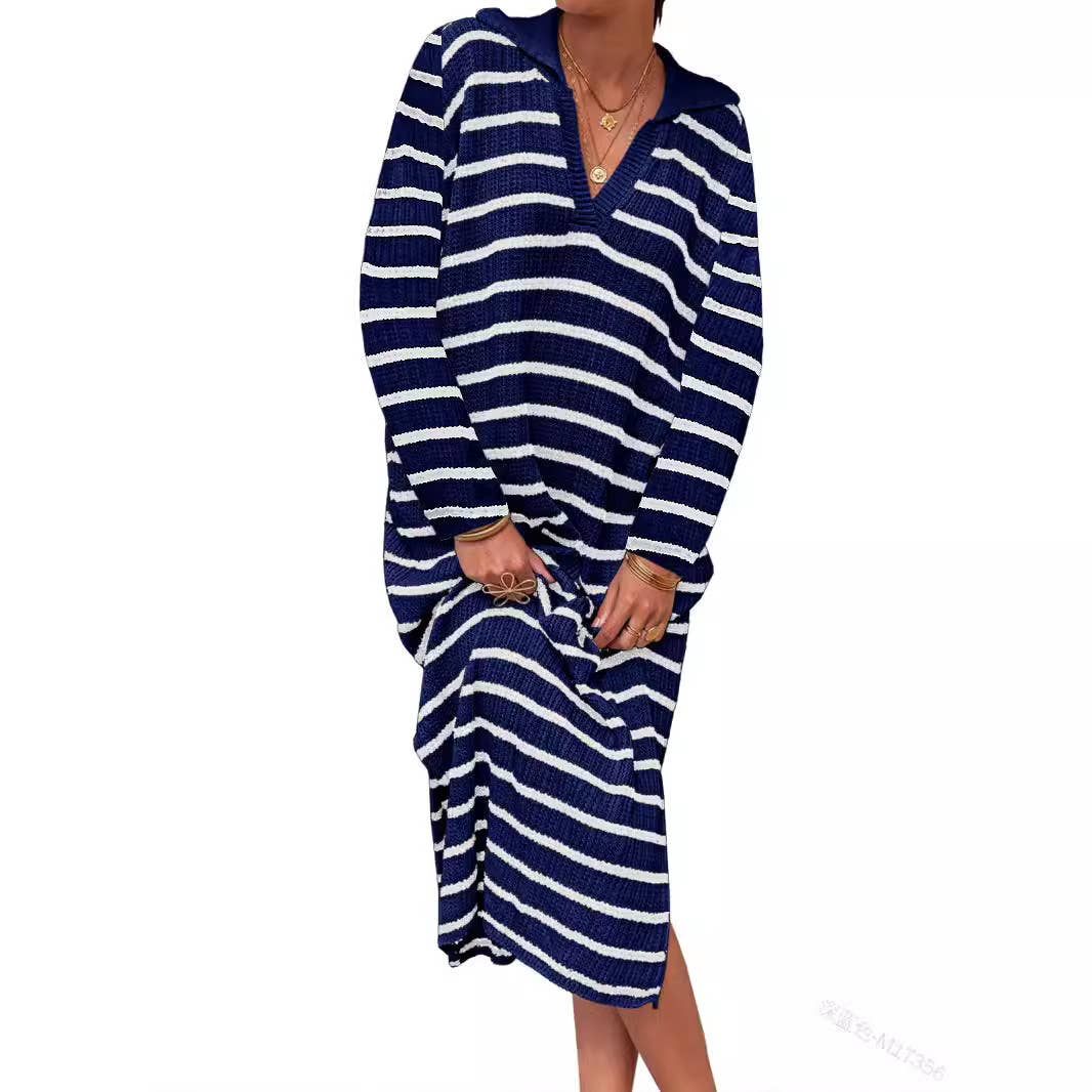 LONG V-NECK STRIPES LOW SLIT LAPELS SWEATER DRESS