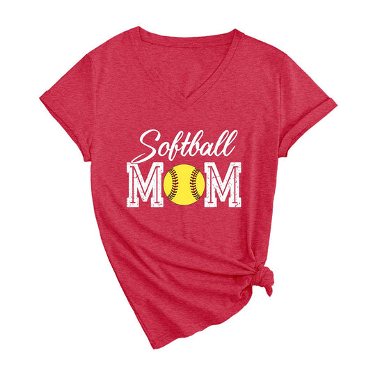 Trendy softball momV neck short-sleeved T-shirt