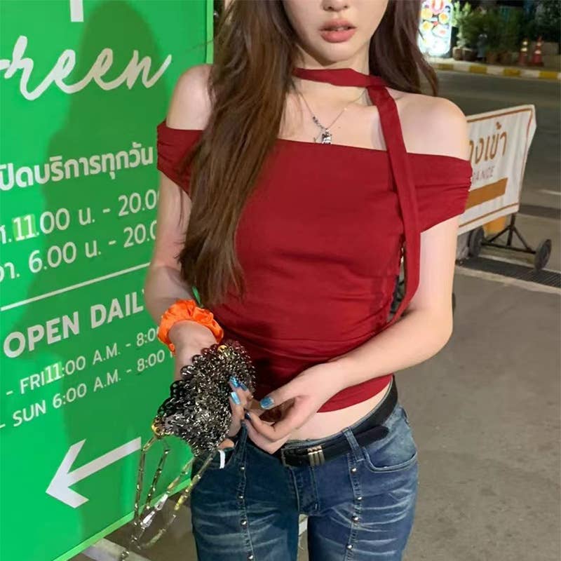Slim Fit Red Off Shoulder Tie Front Tee