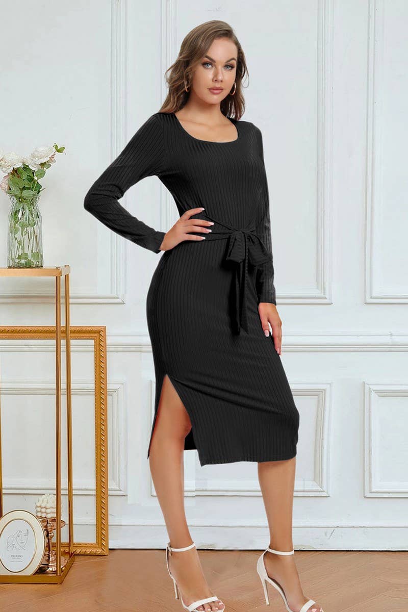 CWDMD4728_SOLID COLOR STRAPPY SLIT MID-LENGTH DRESS