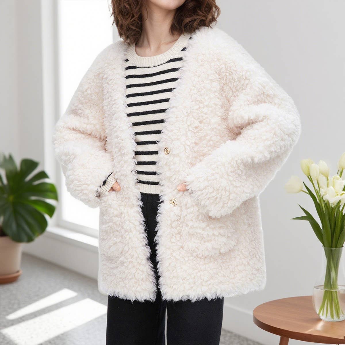 Fashionable lamb wool and velvet plump coat