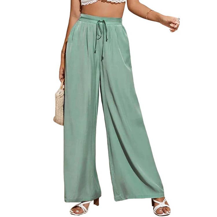 Solid-color loose tight waistband wide-leg pants