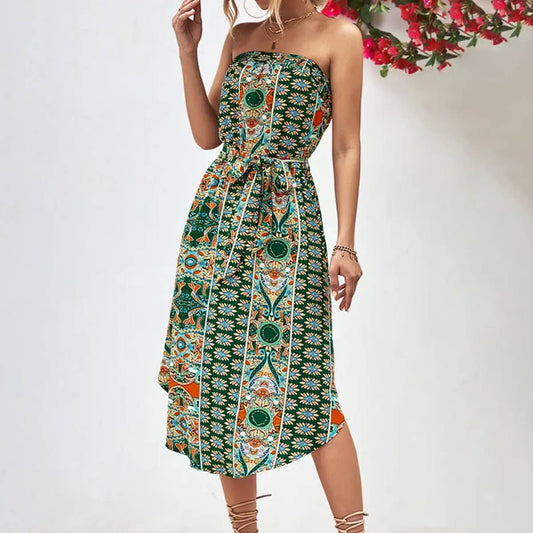 WOMEN FIT STRAPLESS PRINT DRESS_CWDSD2643