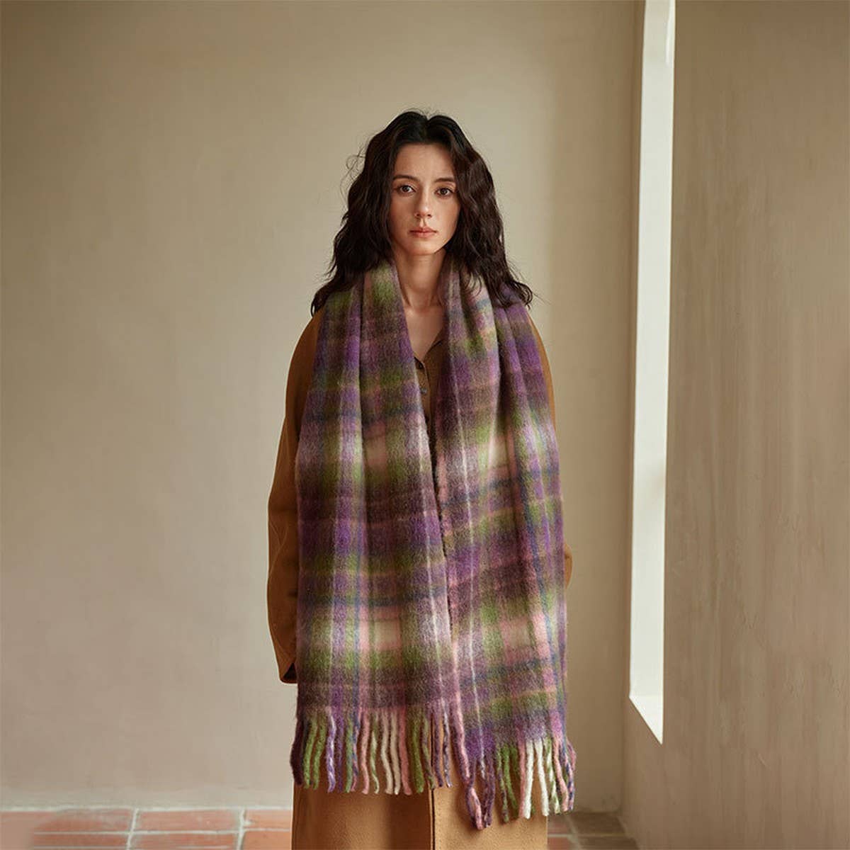Purple Pink Wool Blend Plaid Scarf - Winter Warmth_CWASC2334