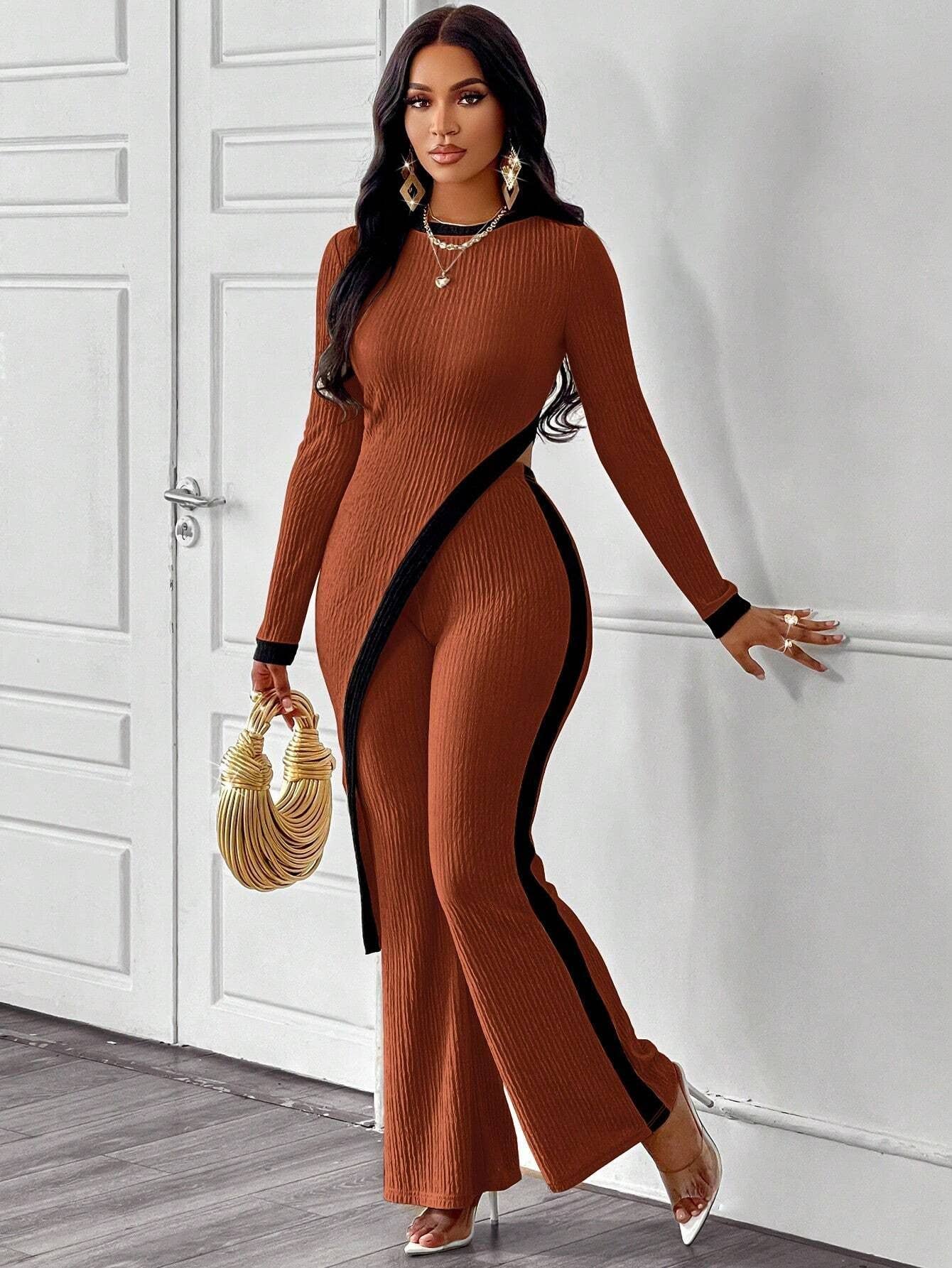 FASHION COLOR CONTRAST SHIRT PATCHWORK PANTS SUIT