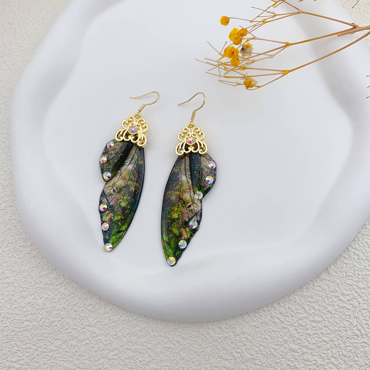Elegant long earrings with cicada wing wings