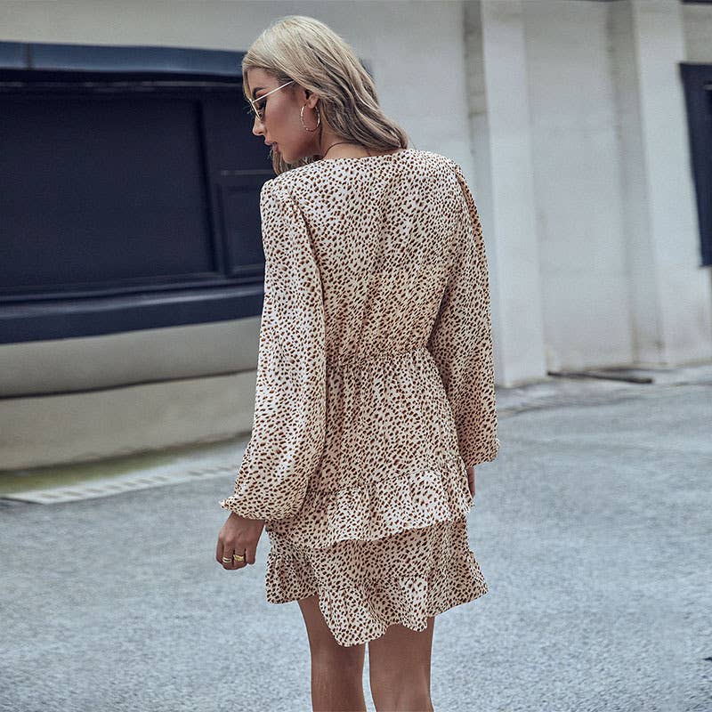 Long-sleeved cake leopard knotted ruffled dress