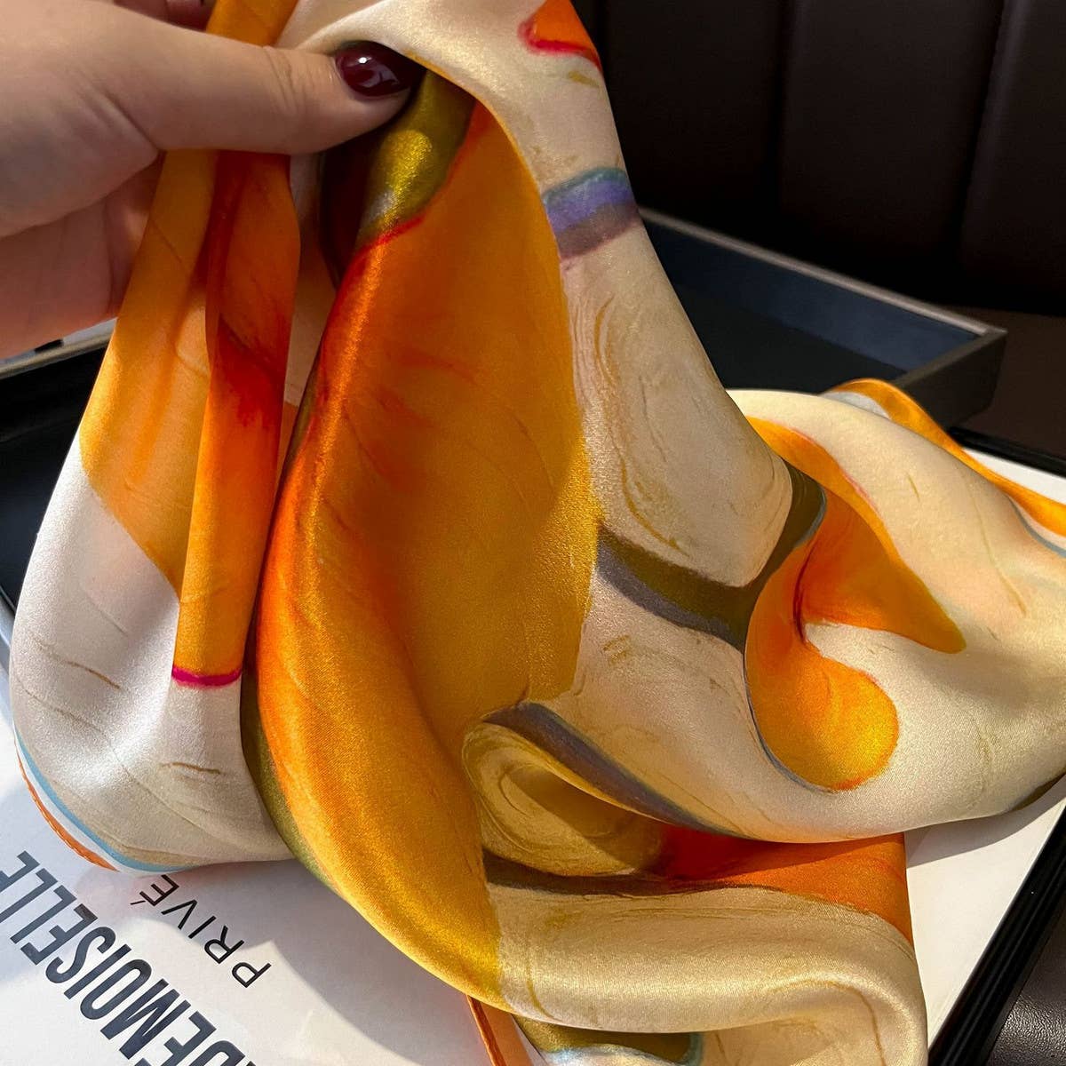 Silk Ribbon Scarf - Orange Floral Long Neck Wrap