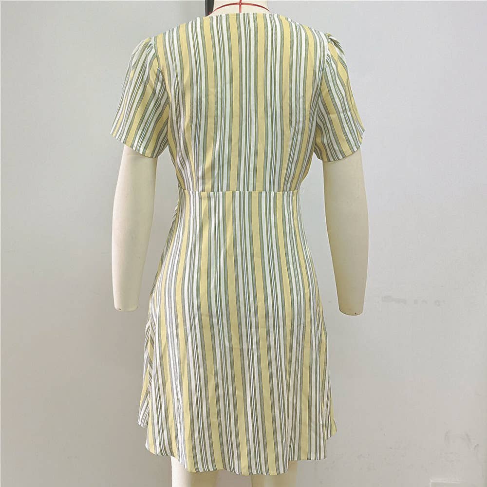 STRIPED V-NECK SHORT-SLEEVED SKIRT DRESS