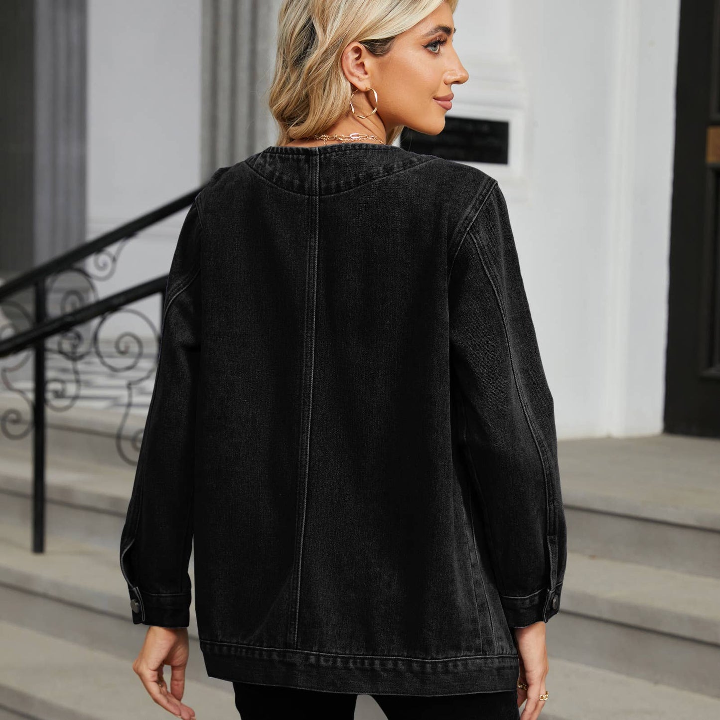 WASHED LONG SLEEVE V-NECK DENIM COAT TOP