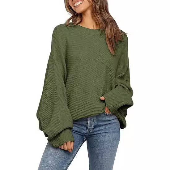 ROUND NECK SOLID COLOR BAT LONG-SLEEVED SWEATER