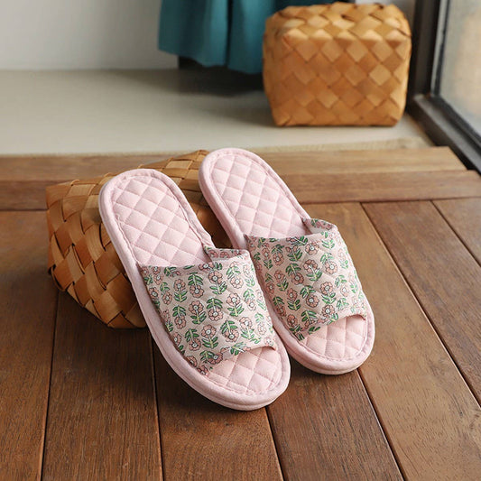 Floral Cotton Linen Slippers with Soft Sole