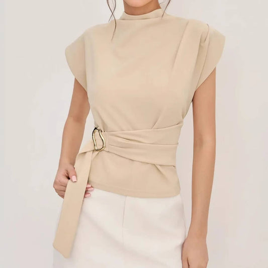 Semi-high neck short-sleeved cinched waist top