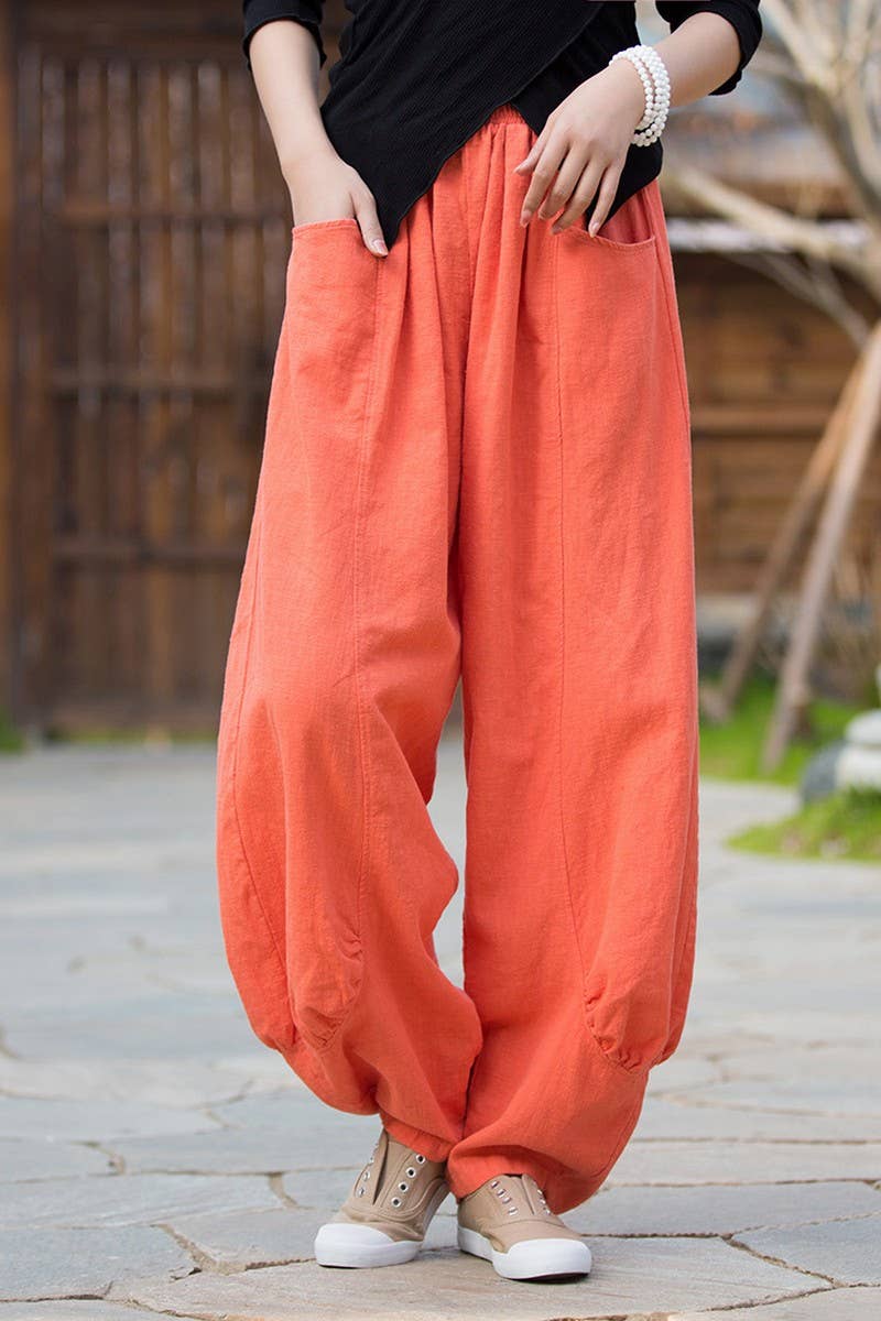CWBLP1379_SOLID COLOR RAMIE SAND-WASHED WIDE-LEG PANTS