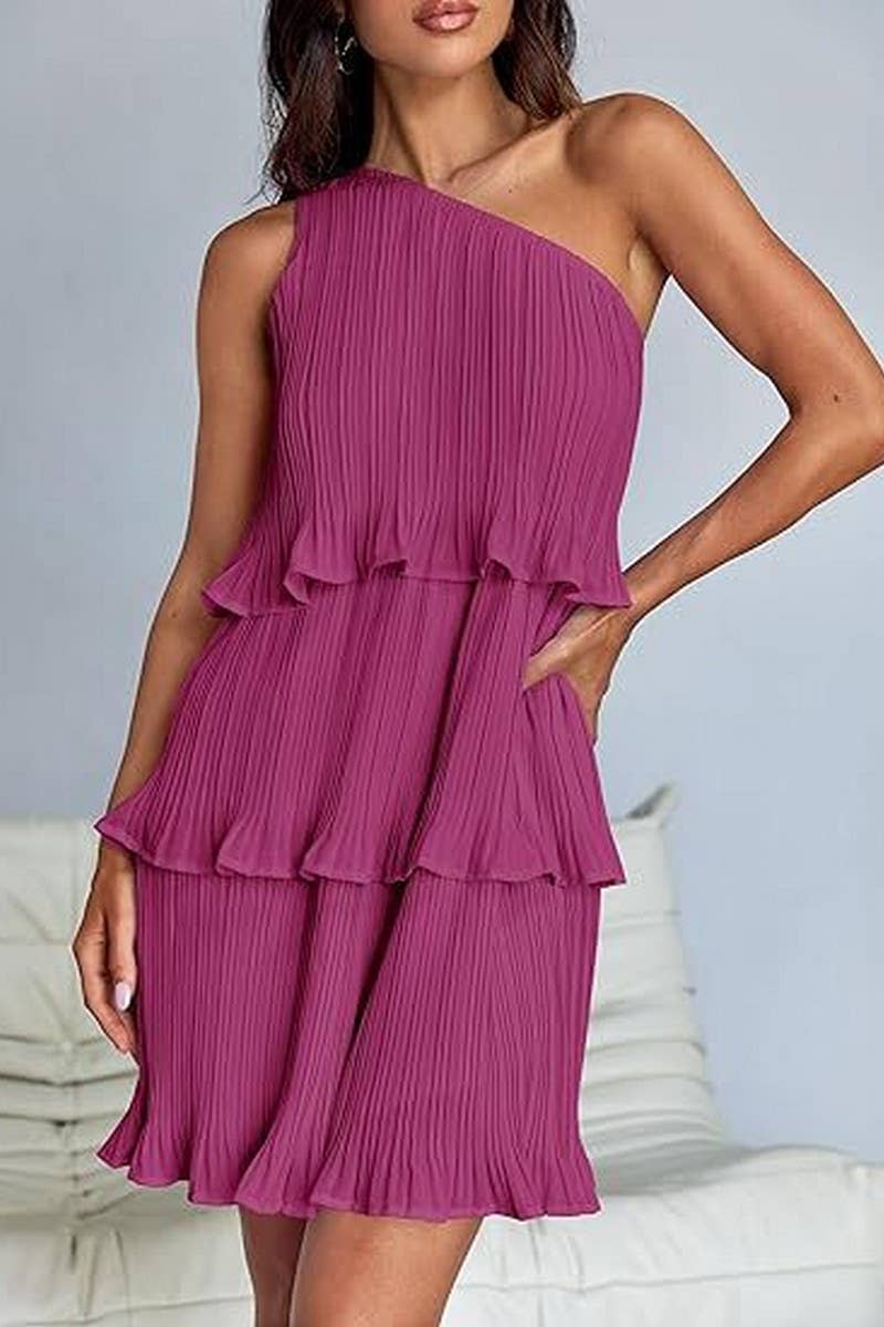 CWDSD8779_OFF-SHOULDER LAYERED HEM PLEATED SLEEVELESS DRESS