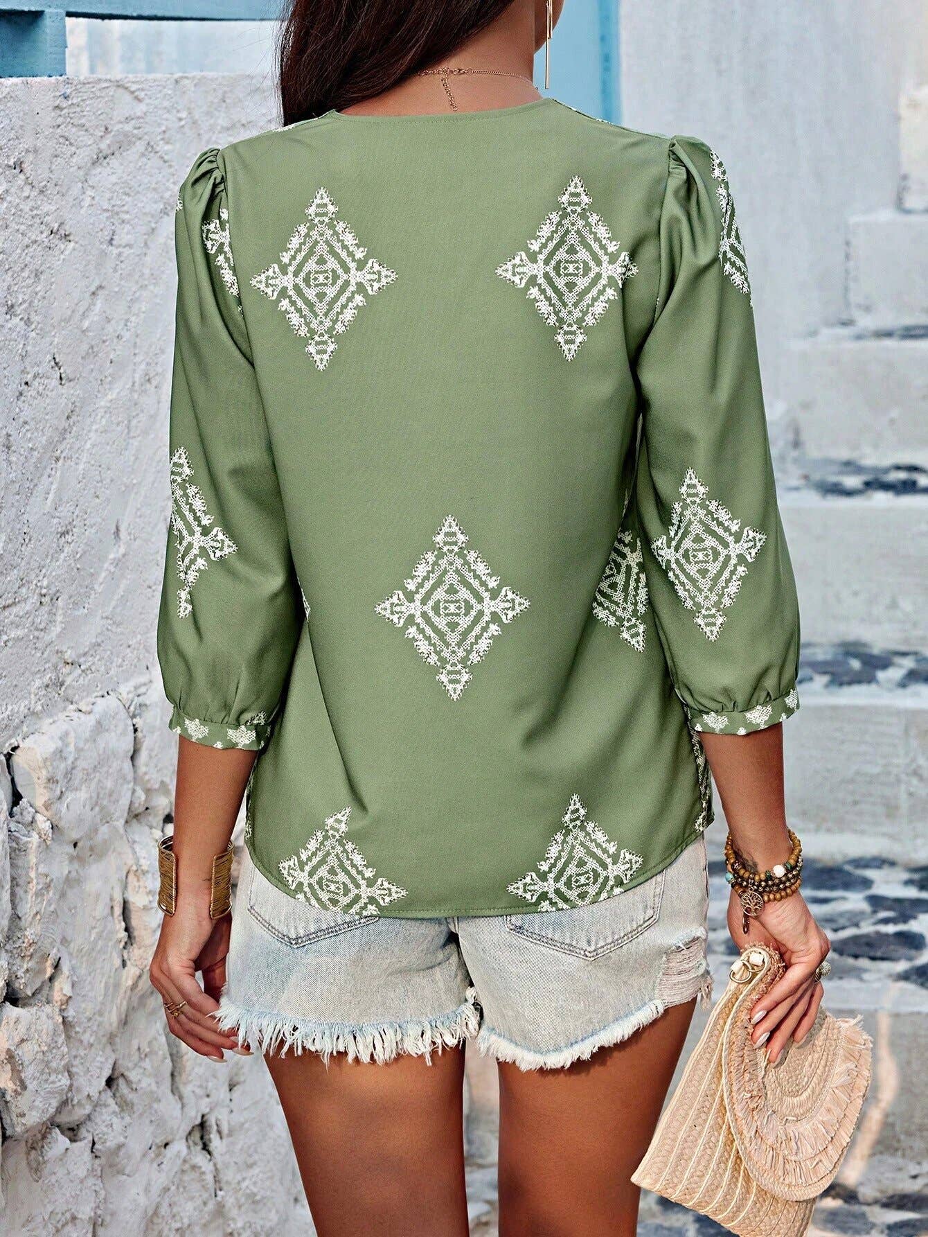 Stylish printed bag seven-point sleeve V-neck top