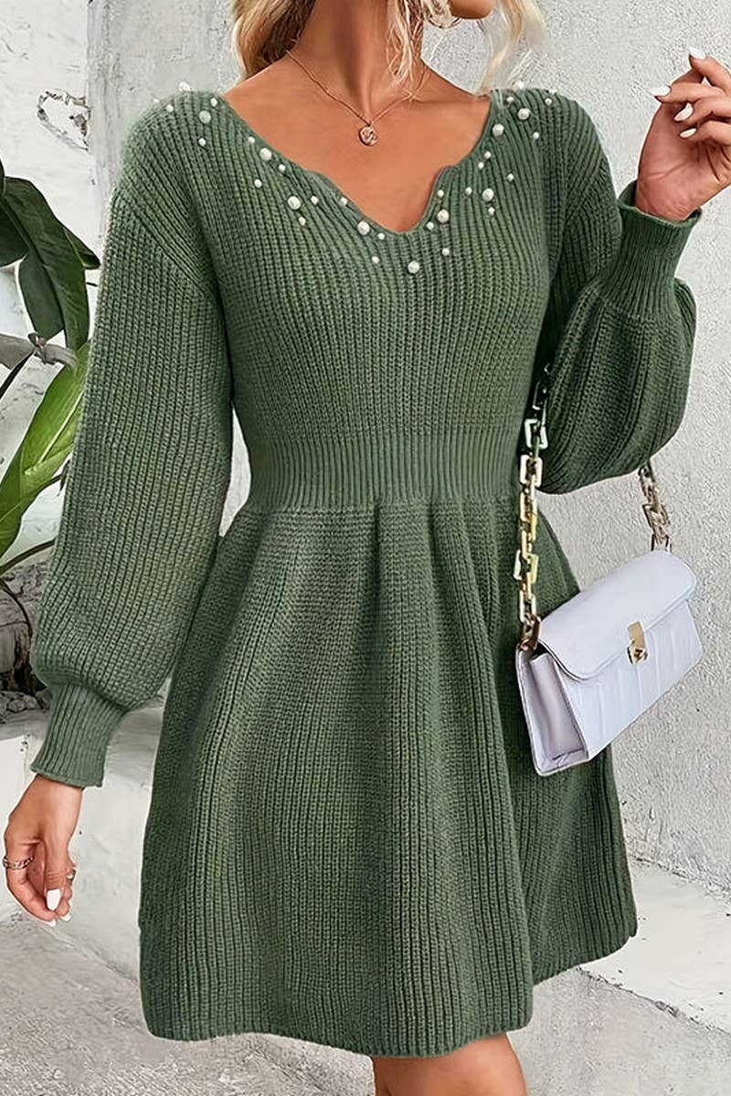 CWDSD7319_AUTUMN AND WINTER V-NECK PLEATED WAIST DRESS