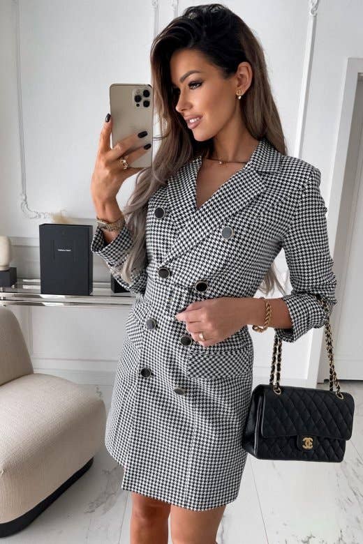 FASHION PRINT PLAID SUIT JACKET DRESS