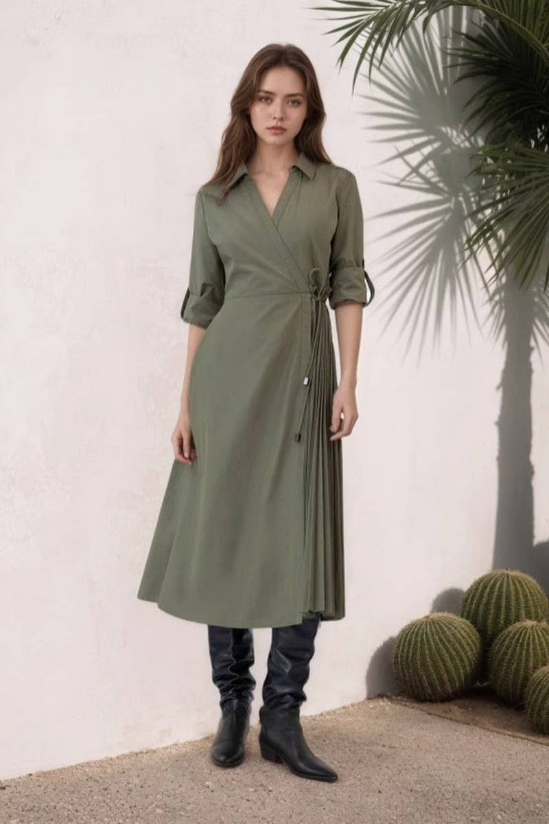 CWDMD6329_V-NECK LONG-SLEEVED SLIM WAIST SHIRT DRESS