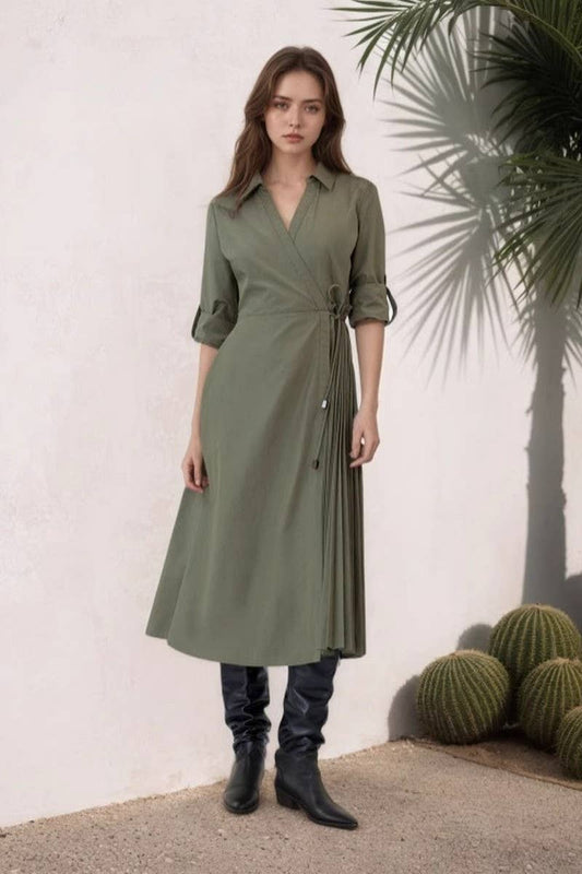 CWDMD6329_V-NECK LONG-SLEEVED SLIM WAIST SHIRT DRESS