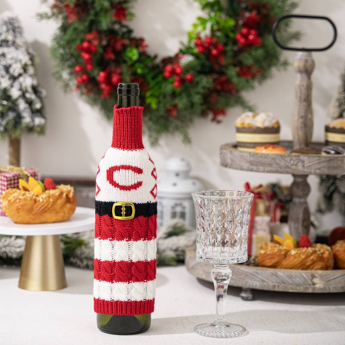 CWMM10337_KNITTED LETTER WINE BOTTLE COVER RED WHITE STRIPES