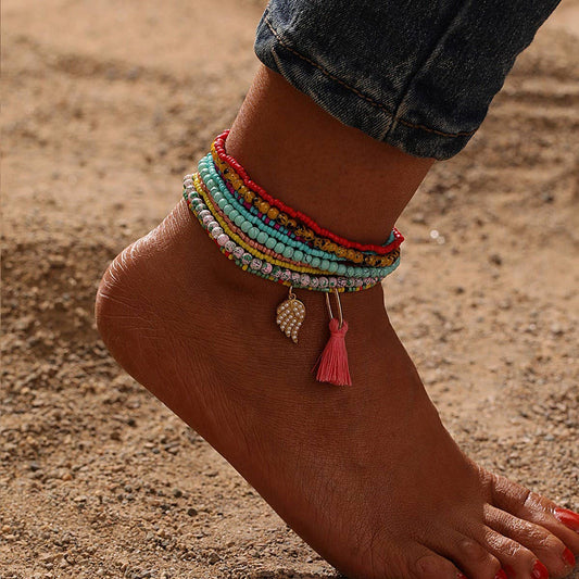 Beachy Anklet Set ??Handmade Beads & Pearl Tassels_CWMM6348