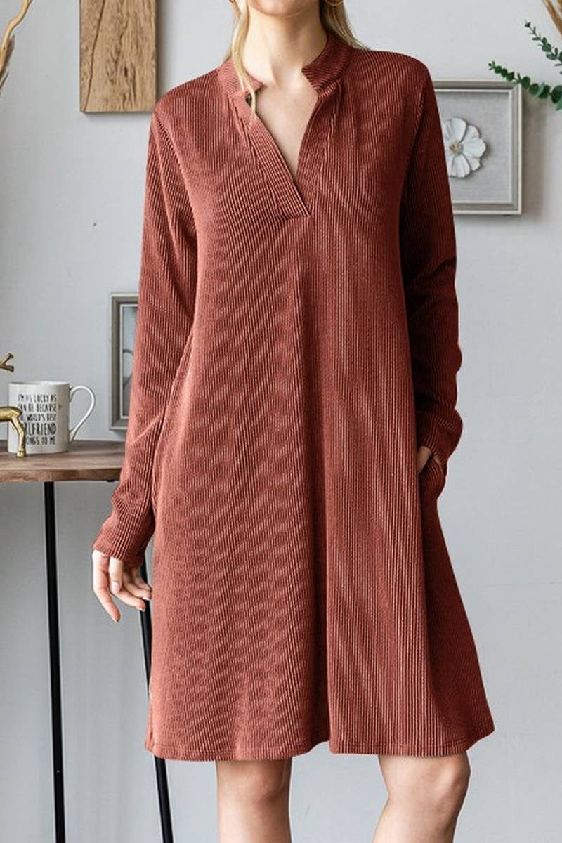 CWDSD6681_SOLID COLOR V-NECK LONG SLEEVE LOOSE DRESS